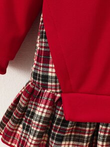 女童格紋拼接荷葉邊 2-in-1 圓領長袖套頭運動衫，聖誕假期休閒秋冬服飾 - 紅色 - 查看 5