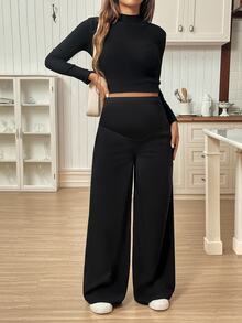 SHEIN Quần dài thường ngày màu trơn cho bà bầu, sử dụng hàng ngày - màu đen - Xem 4