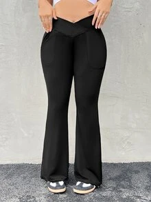 Solflare Plus Slant Pocket Split Hem Flare Leg Leggings - Black - View 1