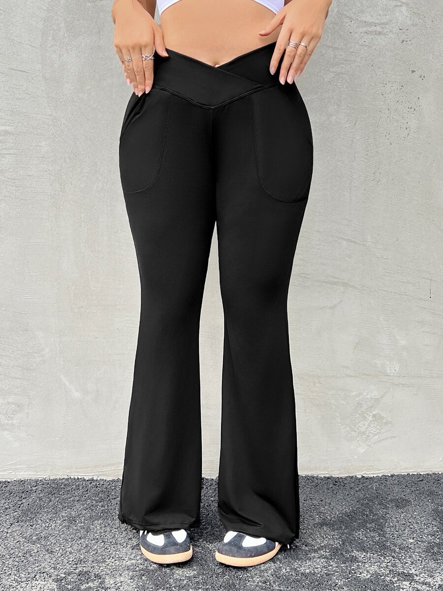 Solflare Plus Slant Pocket Split Hem Flare Leg Leggings - Black - View 1
