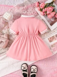 Souflis Souflis 1pc Baby Girls Pink Casual Dress, With Rib Collar And Cuffs, Suitable For Everyday Wear, Outdoor, Sports, And Party - Pink - View 2