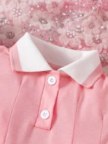 Souflis Souflis 1pc Baby Girls Pink Casual Dress, With Rib Collar And Cuffs, Suitable For Everyday Wear, Outdoor, Sports, And Party - Pink - View 3