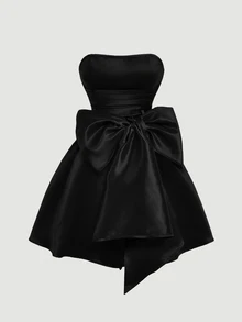 SHEIN MOD Red Side Bow Strap Bandeau Short Dress For Women - Black - View 1