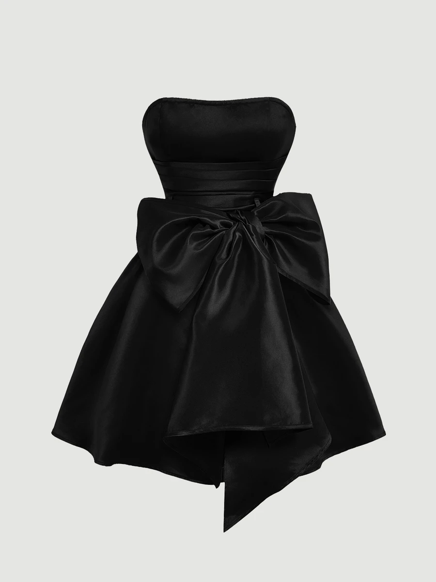 SHEIN MOD Red Side Bow Strap Bandeau Short Dress For Women - Black - View 1