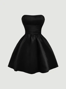 SHEIN MOD Red Side Bow Strap Bandeau Short Dress For Women - Black - View 4