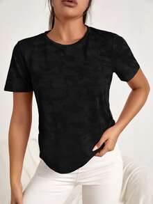 SHEIN Sports Camo Print Batwing Sleeve Sports Tee Workout Tank Top Gym Women Shirts - Black - View 5