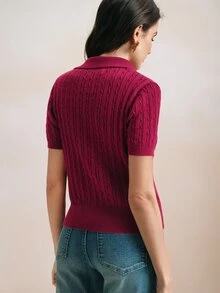 Anewsta Elegant Retro Chinese New Year Vacation Polo Collar Short Sleeve Cable Knit Solid Color Top, Suitable For Valentine's Day - Burgundy - View 2
