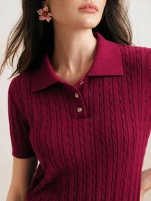 Anewsta Elegant Retro Chinese New Year Vacation Polo Collar Short Sleeve Cable Knit Solid Color Top, Suitable For Valentine's Day - Burgundy - View 5