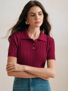 Anewsta Elegant Retro Chinese New Year Vacation Polo Collar Short Sleeve Cable Knit Solid Color Top, Suitable For Valentine's Day - Burgundy - View 3