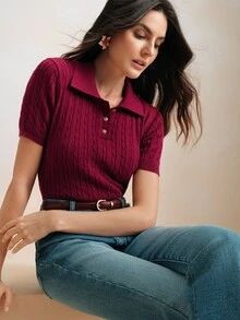 Anewsta Elegant Retro Chinese New Year Vacation Polo Collar Short Sleeve Cable Knit Solid Color Top, Suitable For Valentine's Day - Burgundy - View 4