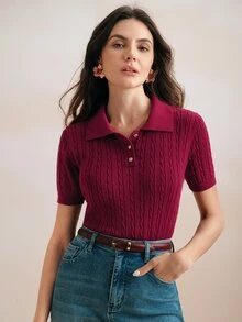 Anewsta Elegant Retro Chinese New Year Vacation Polo Collar Short Sleeve Cable Knit Solid Color Top, Suitable For Valentine's Day - Burgundy - View 1