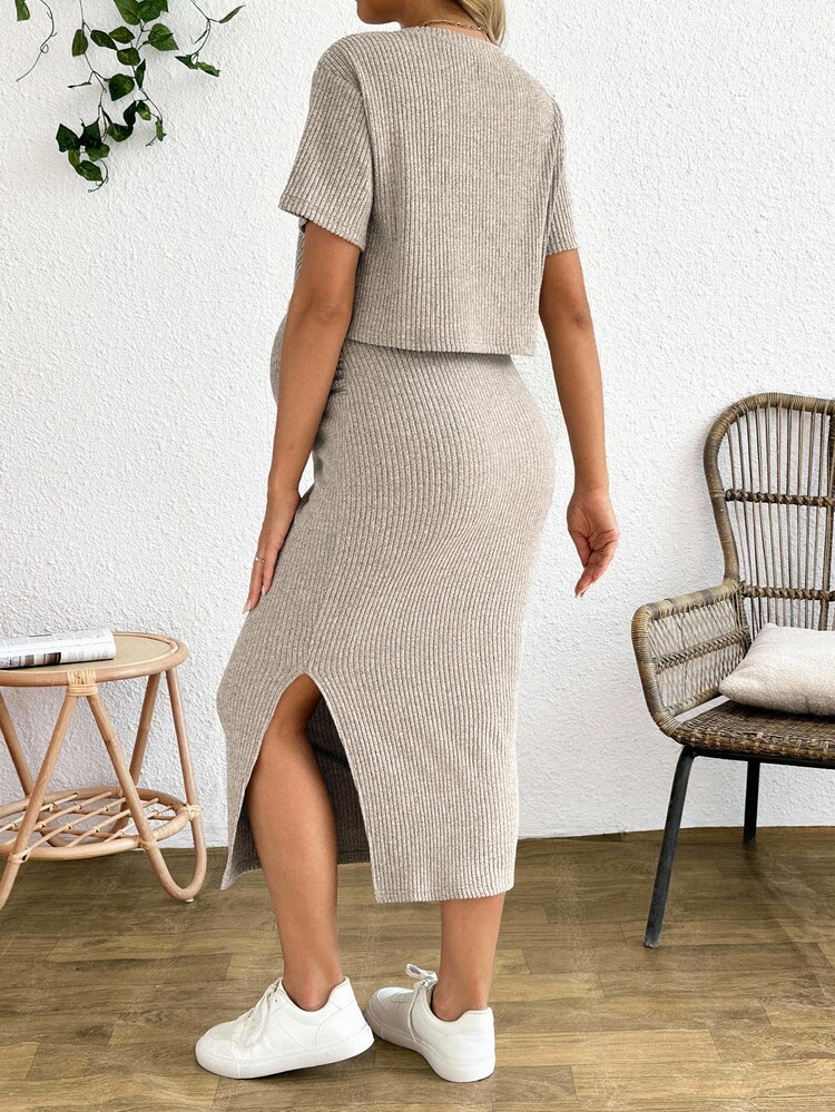 SHEIN Maternity Solid Color Round Neck Short Sleeve Top And Skirt 2 Pieces Set World Cup - Apricot - View 2