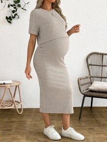 SHEIN 孕妇纯色圆领短袖上衣和裙子 2 件套 - 杏色 - 查看 8