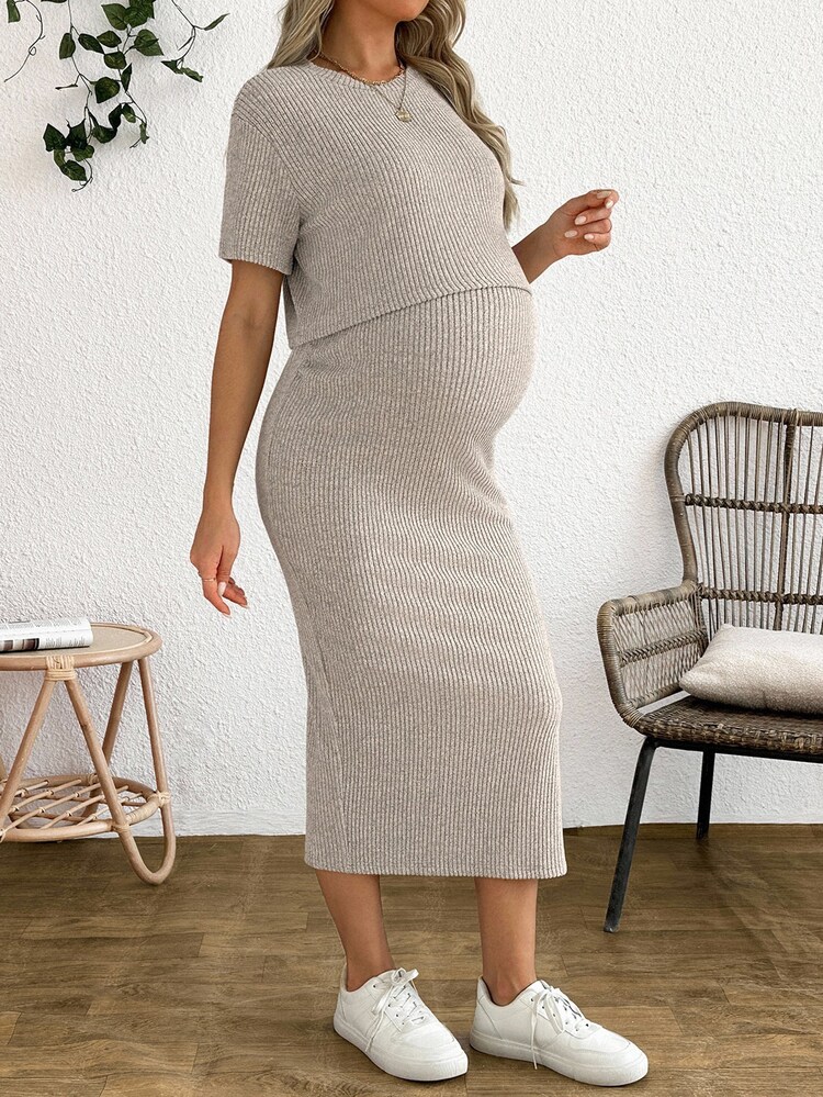 SHEIN Maternity Solid Color Round Neck Short Sleeve Top And Skirt 2 Pieces Set World Cup - Apricot - View 8