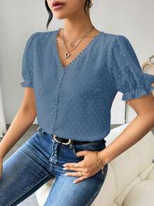 EMERY ROSE Camisa casual de manga corta de unicolor, minimalista y de moda, para uso diario - Azul - Ver 6