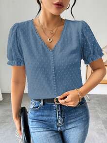 EMERY ROSE Camisa casual de manga corta de unicolor, minimalista y de moda, para uso diario - Azul - Ver 4