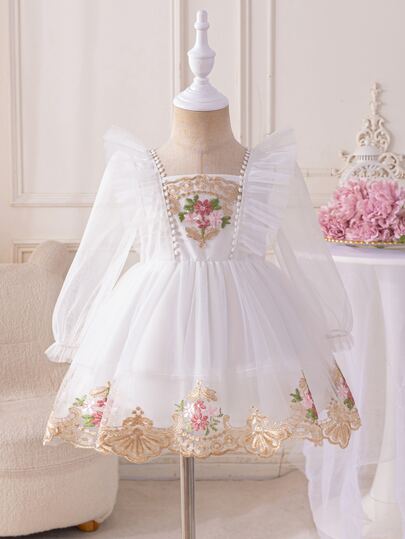 Glamorique Kids 女嬰花卉刺繡薄紗公主洋裝，嬰幼兒優雅禮服，適合學校日常穿著、生日派對、婚禮、節日度假穿搭