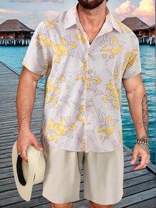 Genlund 2pcs Men's Asymmetric Floral Print Short Sleeve Top & Shorts Set - Multicolor - View 1
