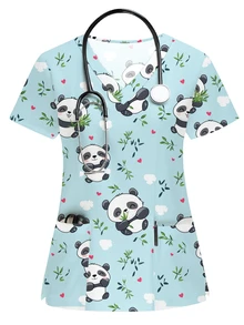 PopScrub 卡通兔子印花短袖手术服上衣，护士制服 T 恤 - 藍色 - 查看 1