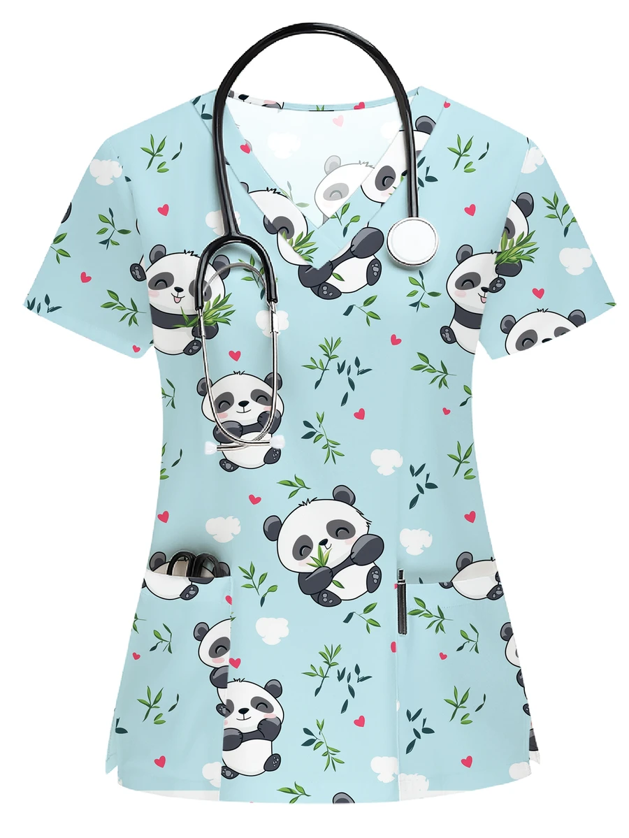 PopScrub 卡通兔子印花短袖手术服上衣,护士制服 T 恤 - 藍色 - 查看 1