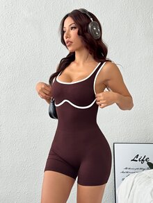 SHEIN Cheerettes Spaghetti Strap Jumpsuits Backless Peachy Butt Pilates Fitness Activewear Women, Backless Aerial Yoga Rompers New Style - Brown - View 8