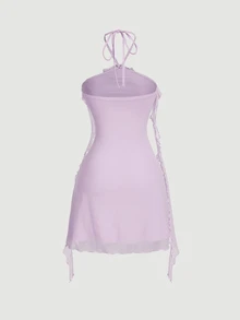 SHEIN MOD Lilac Sleeveless Ruffle Trim Floral Decor Elastic Knit Mesh Women Dress - Lilac Purple - View 2