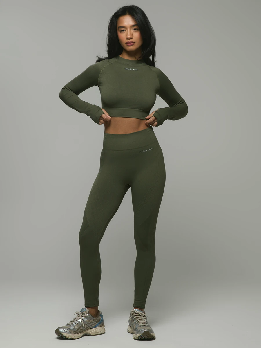Musera Sport High Waisted Seamless Logo Activewear Leggings Workout Hiking Women Gym Fitness - Army Green - View 1