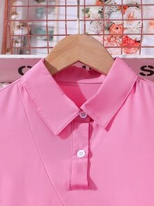 青少年女孩粉色衬衫领不对称荷叶边宽 A 字盖袖休闲宽松连衣裙 - 粉色 - 查看 4