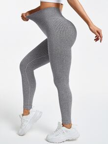 SHEIN Sports 女士纯色高腰无缝瑜伽紧身裤 - 灰色 - 查看 4
