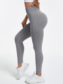 SHEIN Sports 女士纯色高腰无缝瑜伽紧身裤 - 灰色 - 查看 7