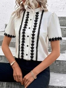 EMERY ROSE Apricot Lace Collar Short Sleeve Women Blouse - Apricot - View 5