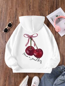 SHEIN 青少年女孩休閒可愛純色蝴蝶結、櫻桃、字母印花口袋運動衫，適合秋冬生日告別白色 - 彩色 - 查看 2