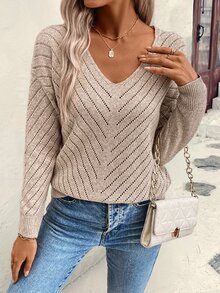 EMERY ROSE Suéter holgado y casual de punto con escote en V, tejido de punto para otoño e invierno - Camel - Ver 4