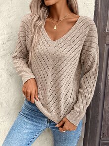 EMERY ROSE Suéter holgado y casual de punto con escote en V, tejido de punto para otoño e invierno - Camel - Ver 7