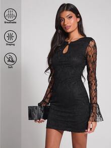 COSMINA Women's Lace Hollow-Out Mini Dress In Black, Autumn/Winter - Black - View 9