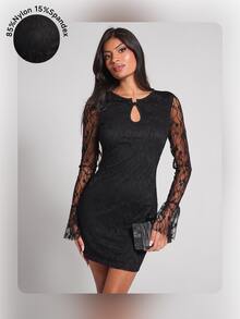 COSMINA Women's Lace Hollow-Out Mini Dress In Black, Autumn/Winter - Black - View 12