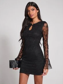 COSMINA Women's Lace Hollow-Out Mini Dress In Black, Autumn/Winter - Black - View 1