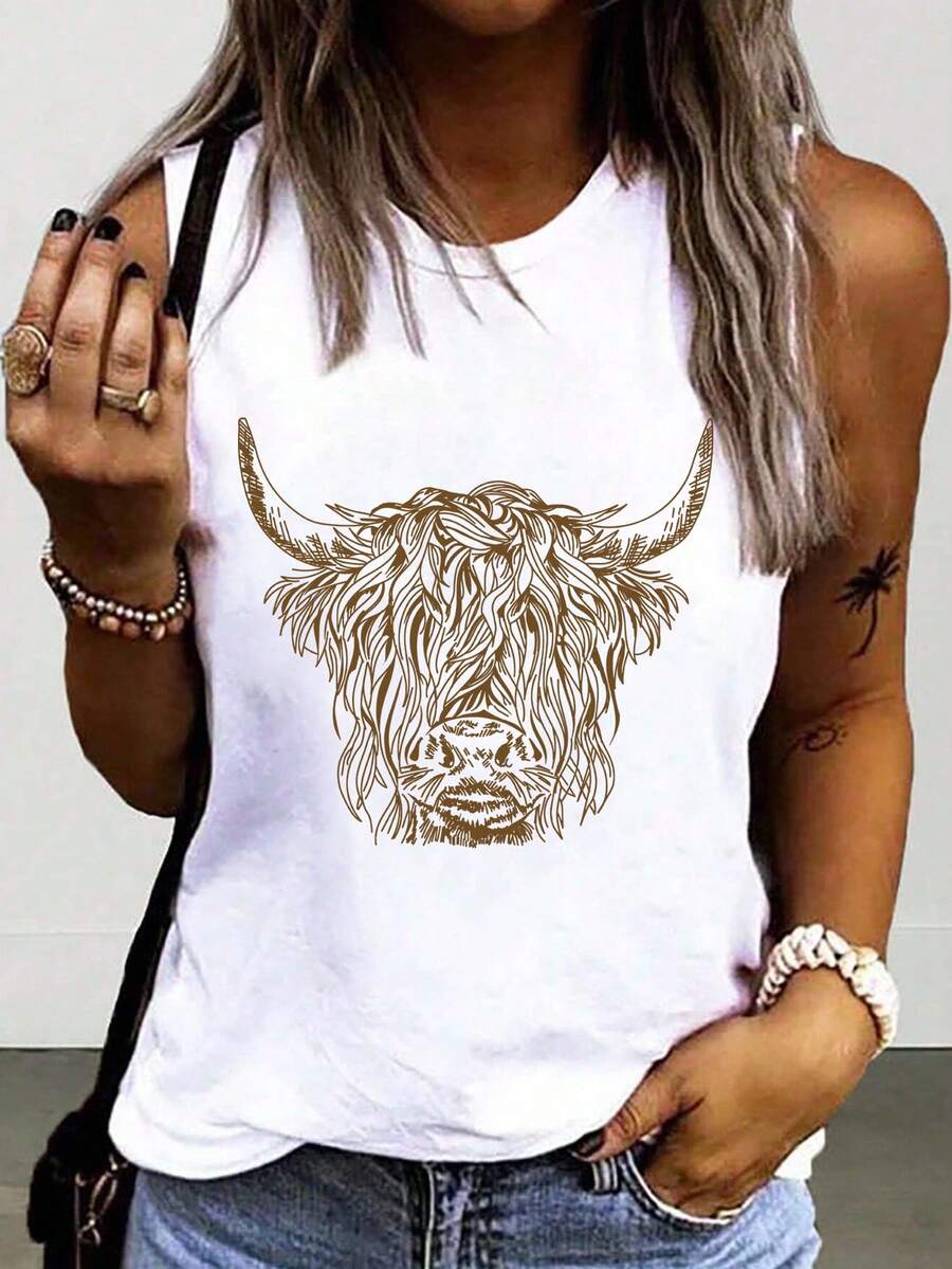 SHEIN Casual Bull Head Print Round Neck Tank Top - White - View 1