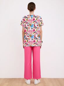 PopScrub Women Graffiti Allover Print Short Sleeve Scrub Uniform Top - Multicolor - View 2