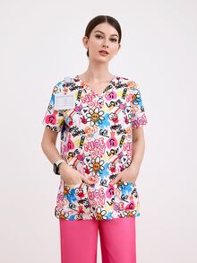 PopScrub Women Graffiti Allover Print Short Sleeve Scrub Uniform Top - Multicolor - View 1