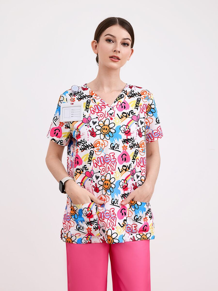 PopScrub Women Graffiti Allover Print Short Sleeve Scrub Uniform Top - Multicolor - View 1