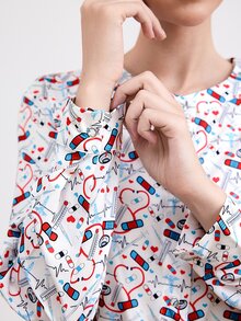 PopScrub 女士印花休闲长袖制服夹克、磨砂外套、春/秋 - 白色 - 查看 5
