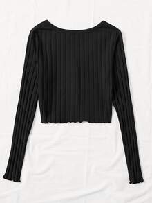 K-Vae U-Neck Long Sleeves Button Front Lettuce Trim Rib-Knit Tee - Black - View 2