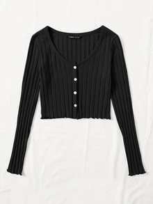 K-Vae U-Neck Long Sleeves Button Front Lettuce Trim Rib-Knit Tee - Black - View 4