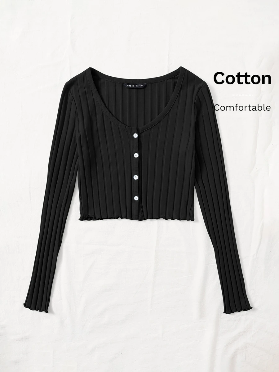 K-Vae U-Neck Long Sleeves Button Front Lettuce Trim Rib-Knit Tee - Black - View 1