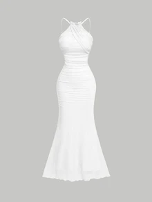 SHEIN MOD Women's White Color Halter Neck Fish Tail Hem Long Dress,Prom Dress,Fall Dresses, Wedding Guest Dress - White - View 1