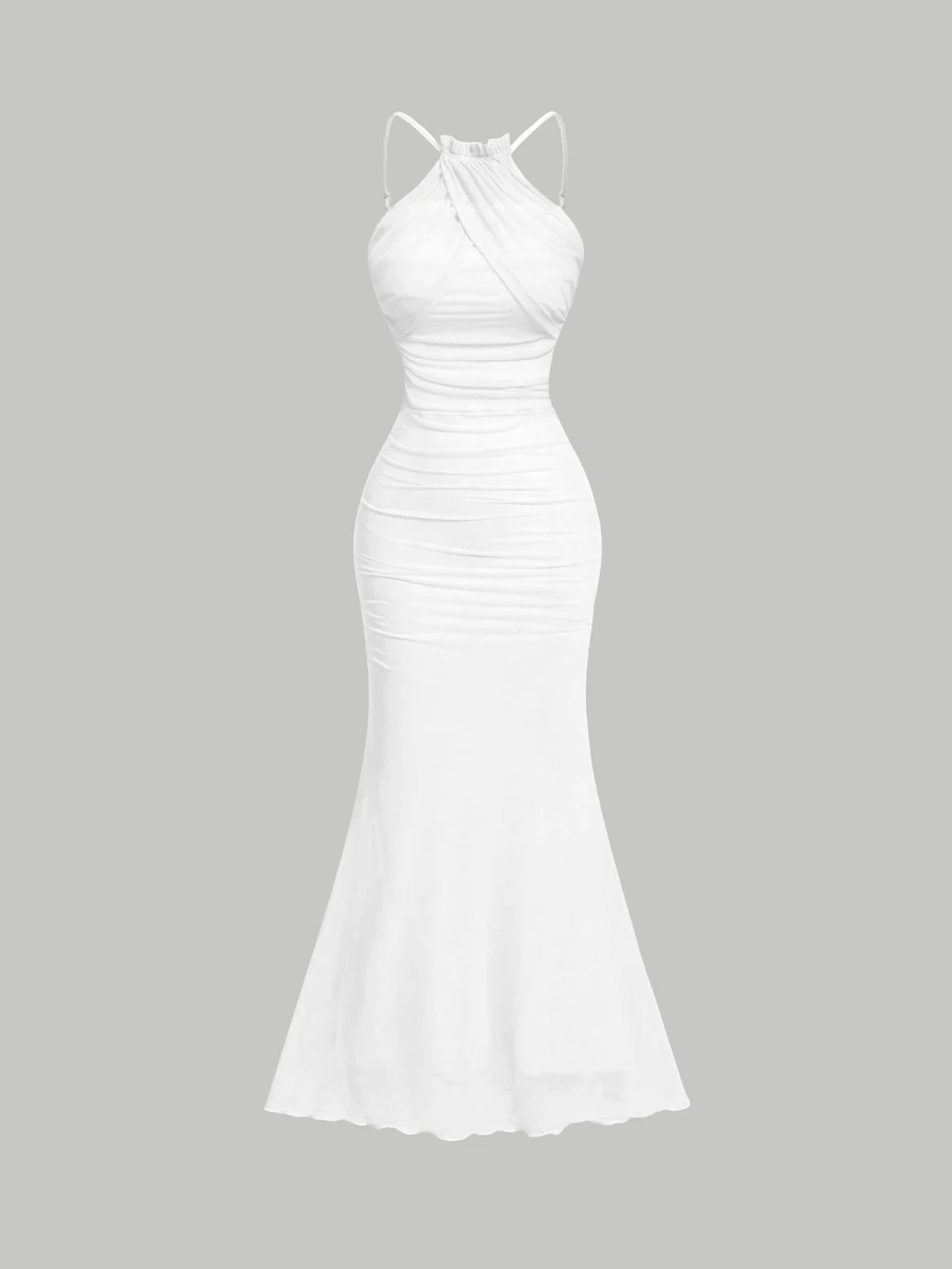 SHEIN MOD Women's White Color Halter Neck Fish Tail Hem Long Dress,Prom Dress,Fall Dresses, Wedding Guest Dress - White - View 1