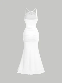 SHEIN MOD Women's White Color Halter Neck Fish Tail Hem Long Dress,Prom Dress,Fall Dresses, Wedding Guest Dress - White - View 2