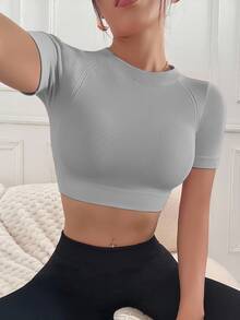 SHEIN Sports 女式纯色插肩短袖短款运动T恤修身衬衫健身衫 - 灰色 - 查看 2