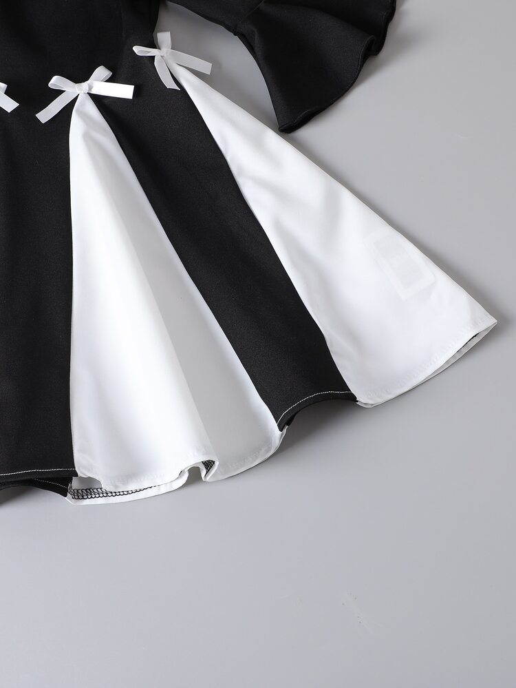 Baby Girl Bowknot Minimalist Fashion Long Sleeve Dress, Suitable For Summer,Holiday,Summer, Travel - Black and White - View 7